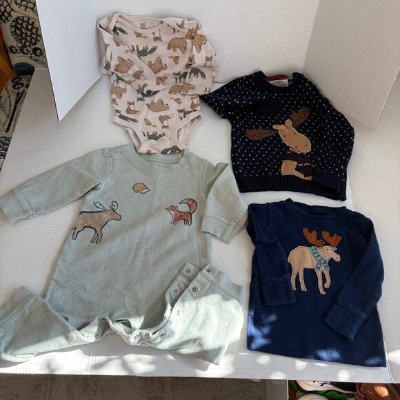 12 month Moose Themed Bundle Sweater top, pjs, one piece gender neutral - Picture 1 of 5